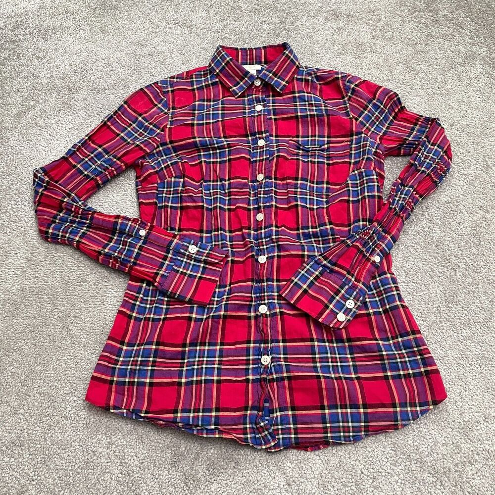 J.Crew Perfect Fit Shirt Women XXS Red Blue Plaid Button Down Long Sleeve Cotton